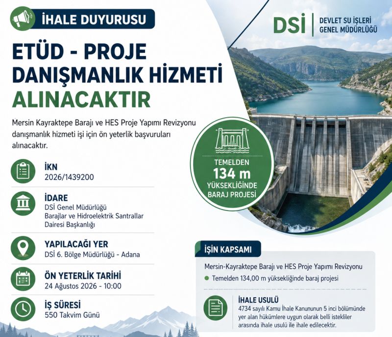 DSİ'den Mersin Kayraktepe Barajı ve HES Projesi İçin Danışmanlık İhalesi
