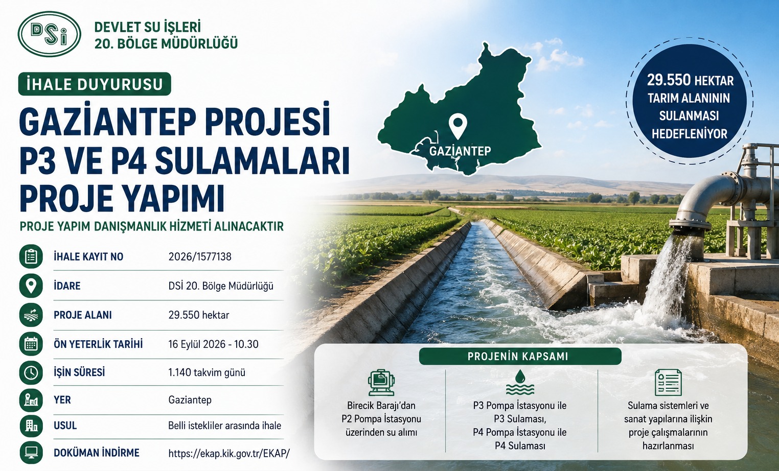 DSİ, Gaziantep'te 29 Bin 550 Hektarlık Sulama Projesi İçin Danışmanlık İhalesine Çıkıyor