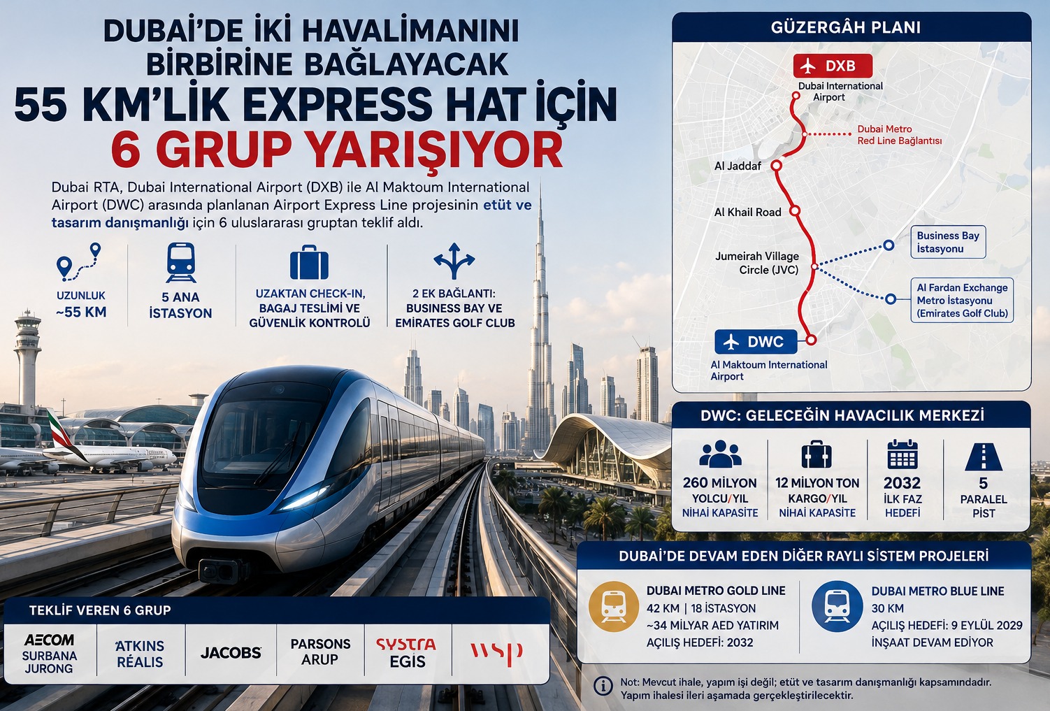 Dubai'de İki Havalimanını Bağlayacak 55 Kilometrelik Express Hat İçin 6 Grup Yarışıyor