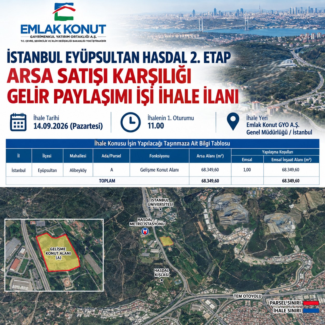 Emlak Konut'tan İstanbul Eyüpsultan Hasdal'da 68 Bin m²'lik Arsa İçin İhale