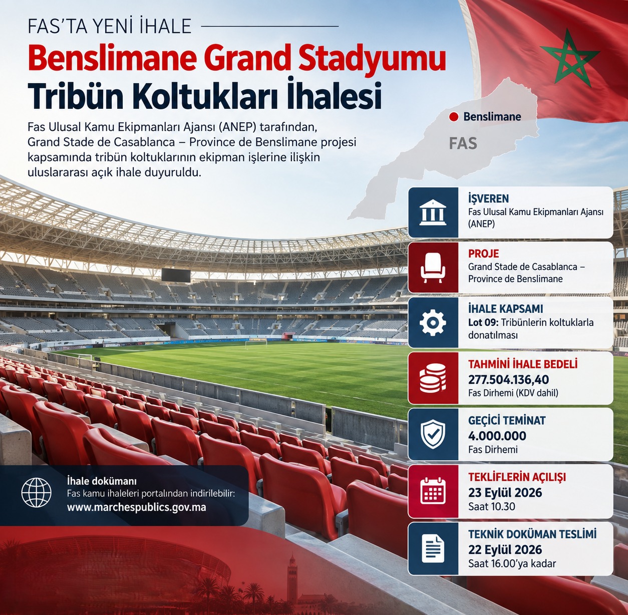 Fas Benslimane Grand Stadyumu İçin 277,5 Milyon Dirhemlik Tribün Koltuğu İhalesi