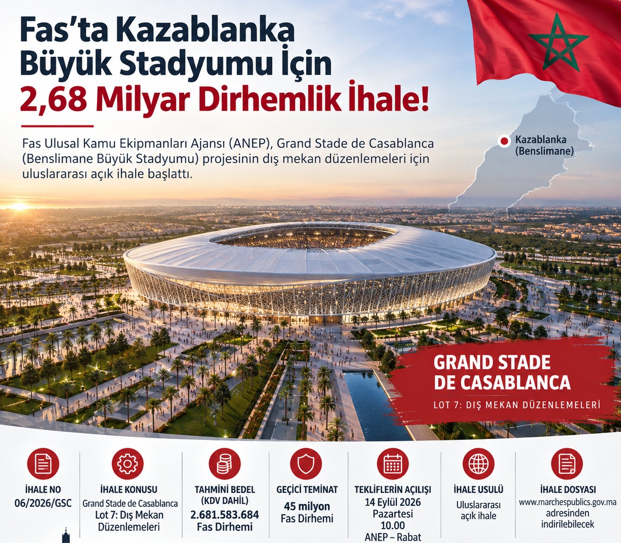 Fas'ta Kazablanka Büyük Stadyumu İçin 2,68 Milyar Dirhemlik İhale