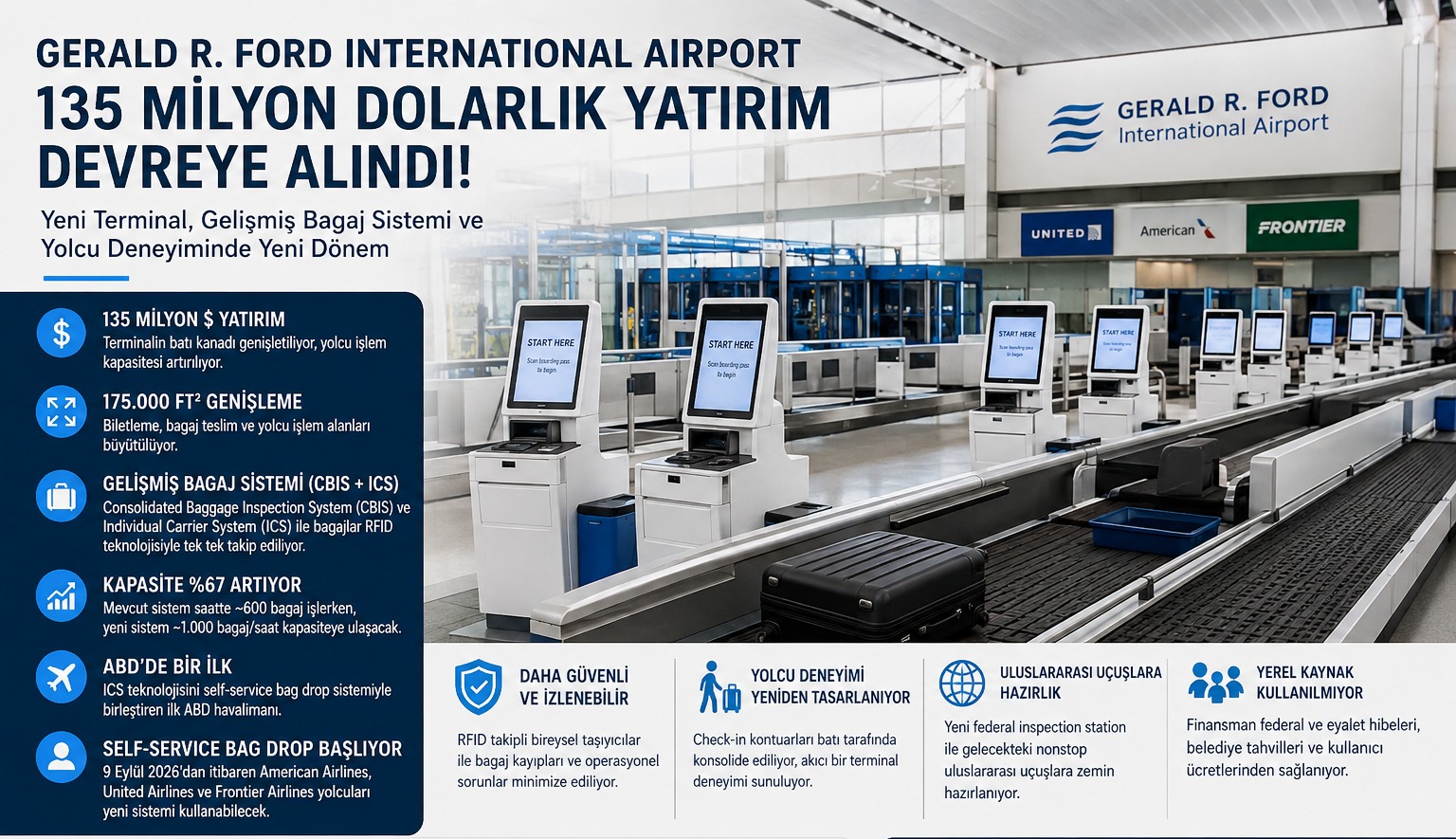 Gerald R. Ford International Airport'ta 135 Milyon Dolarlık Terminal ve Bagaj Sistemi Yatırımı Devreye Alındı