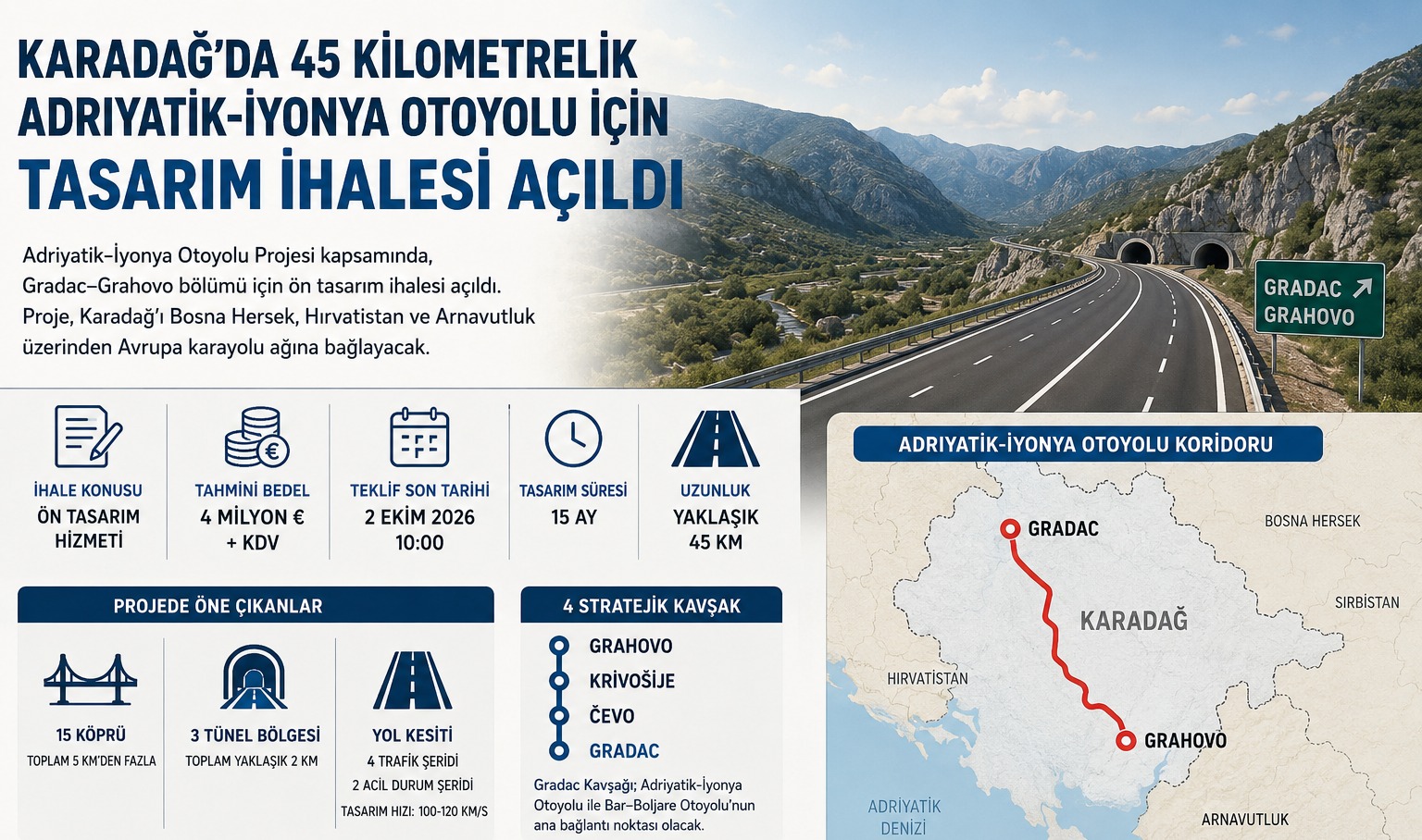 Karadağ'da 45 Kilometrelik Adriyatik-İyonya Otoyolu İçin Tasarım İhalesi Açıldı