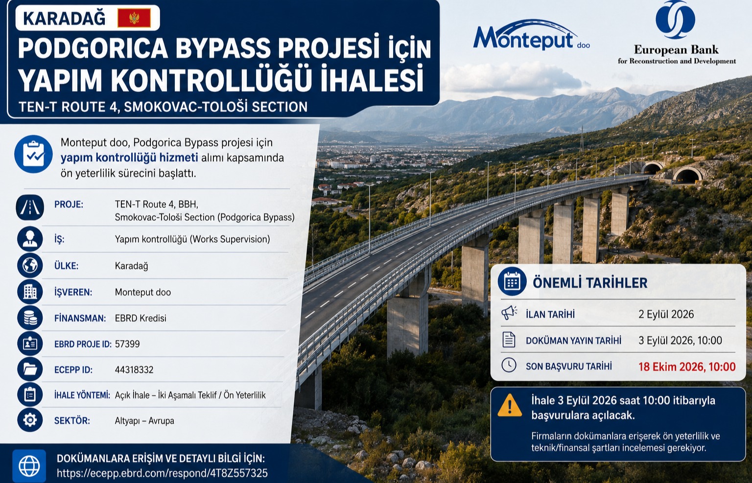 Karadağ'da Podgorica Bypass Projesi İçin Yapım Kontrollüğü İhalesi