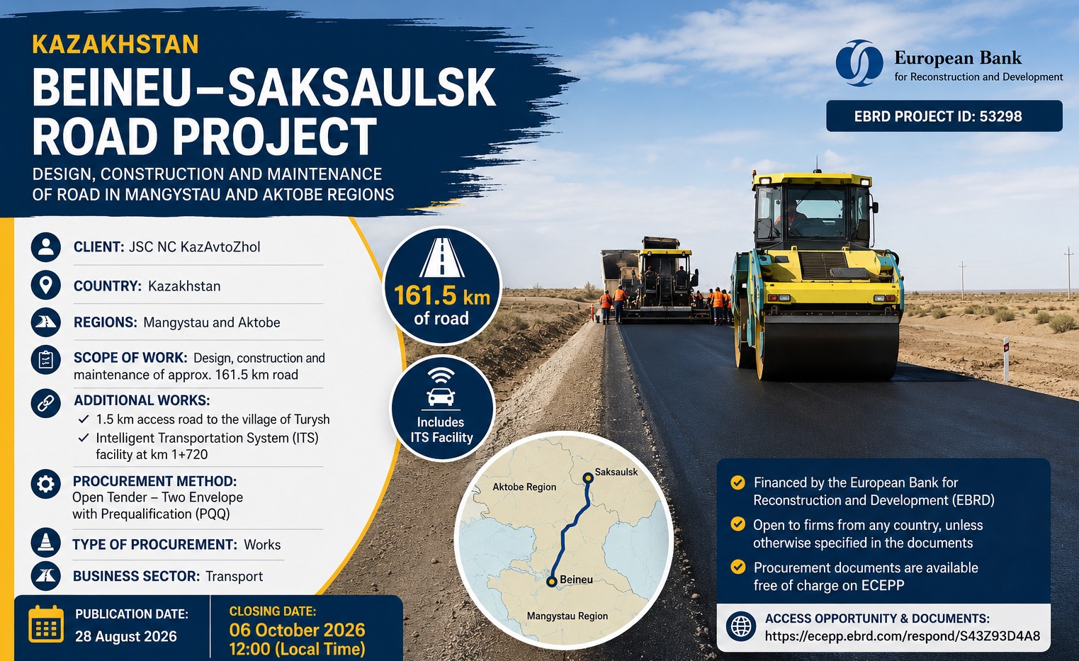 Kazakistan'da 161,5 km'lik Beineu–Saksaulsk Yol Projesi İçin Ön Yeterlilik Süreci Başladı