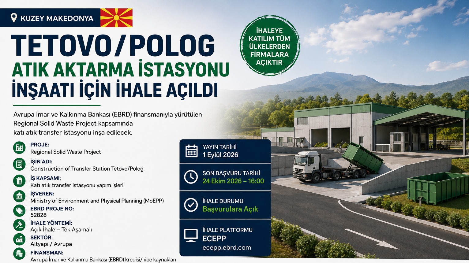Kuzey Makedonya'da Tetovo/Polog Atık Aktarma İstasyonu İçin İhale Açıldı