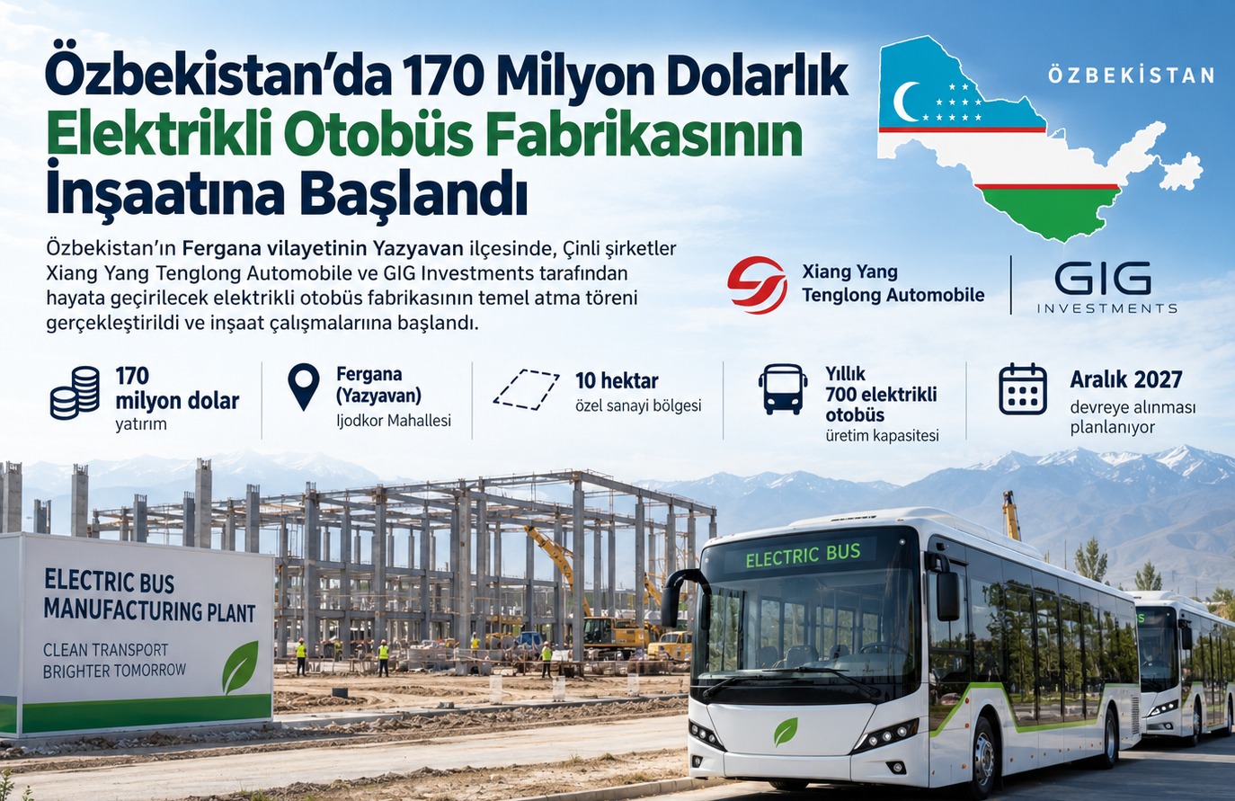 Özbekistan'da 170 Milyon Dolarlık Elektrikli Otobüs Fabrikasının İnşaatı Başladı