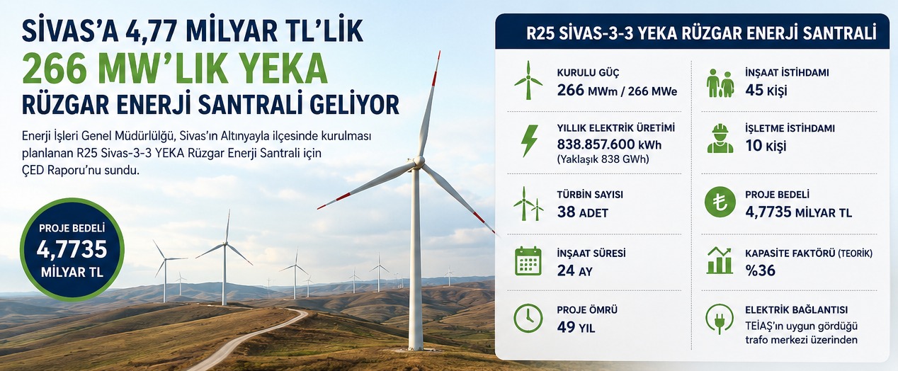 Sivas’a 4,77 Milyar TL’lik 266 MW’lık YEKA Rüzgar Enerji Santrali Geliyor