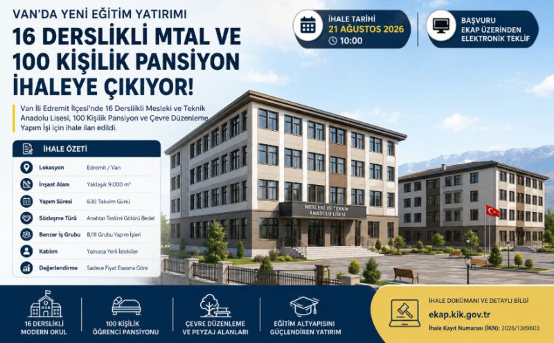 Van'da 16 Derslikli MTAL ve 100 Kişilik Pansiyon Projesi İhaleye Çıkıyor