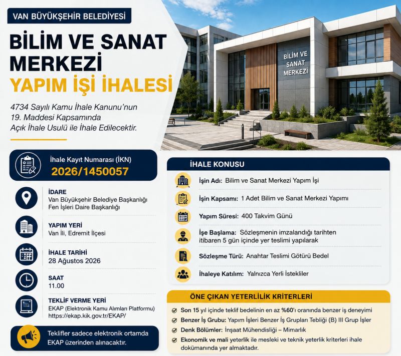 Van'da Bilim ve Sanat Merkezi İçin Yapım İhalesi İlan Edildi